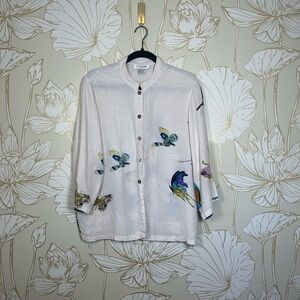 Citron Santa Monica Silk Butterfly Cream Textured Mandarin Collar Top -Size XL